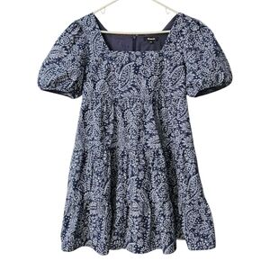 Madewell Poplin Puff-Sleeve Tiered Babydoll Dress Size 6 Paisley Garden Blue